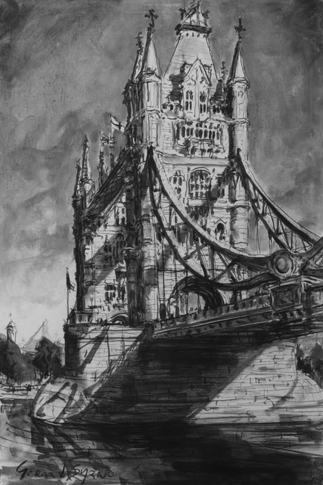 'Tower Bridge' plein air charcoal sketch by Gerard Byrne