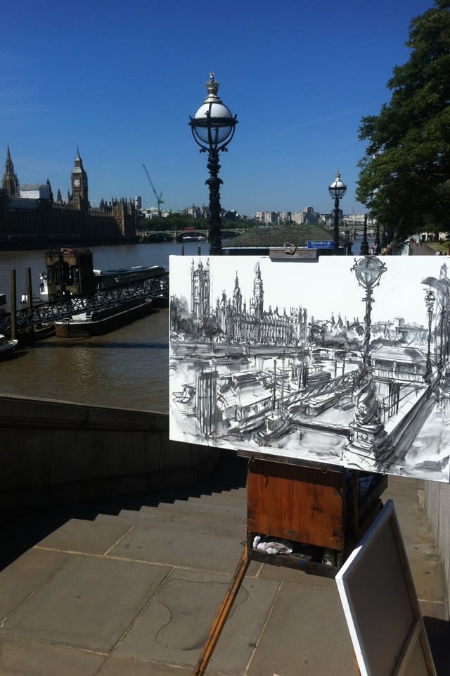 'Palace of Westminster' plein air charcoal sketch by Gerard Byrne
