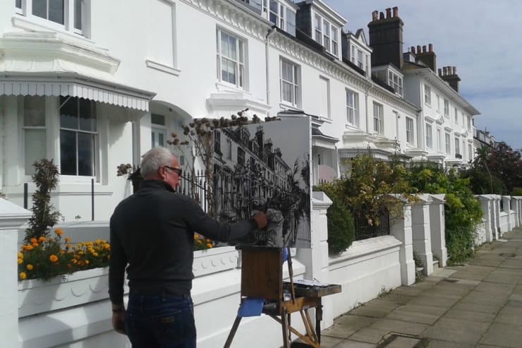 Gerard Byrne painting plein air at Clifton Terrace, Brighton