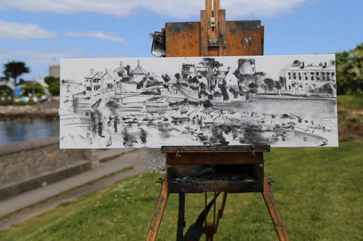 'Sandycove Bay' plein air charcoal sketch by Gerard Byrne, photo Colm Murphy