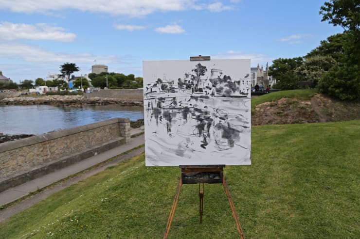 'Sandycove Bay' plein air charcoal sketch by Gerard Byrne, photo Colm Murphy
