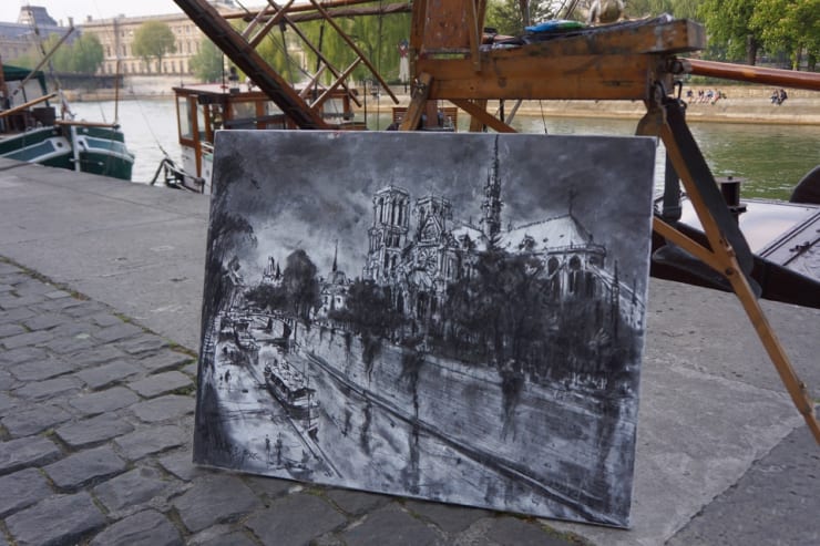 'Notre Dame' plein air charcoal drawing by Gerard Byrne, Paris