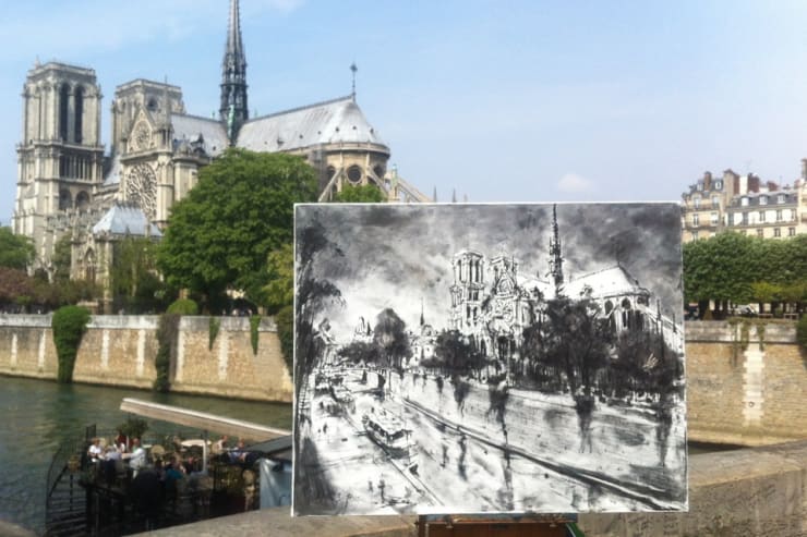Notre Dame' plein air charcoal drawing by Gerard Byrne, Paris
