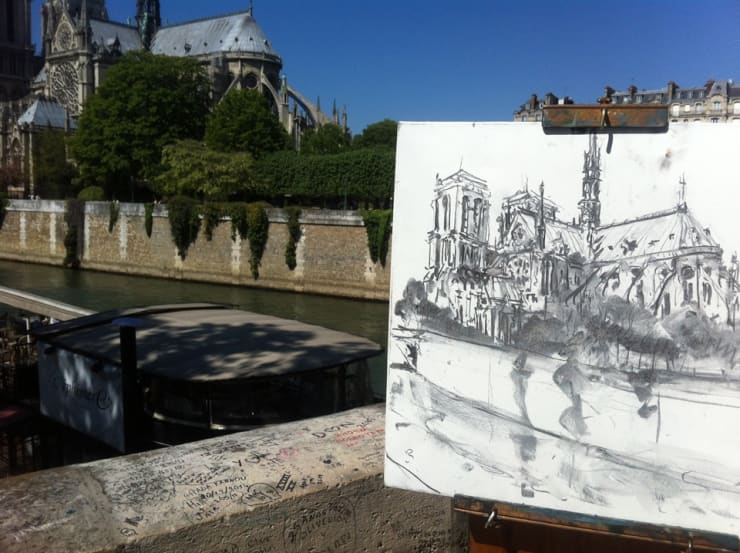 'The Cathedral' plein air charcoal drawing by Gerard Byrne, Paris