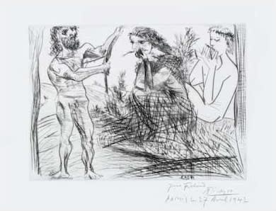 Man Shaping a Bow in Front of a Young Woman and a Flutist