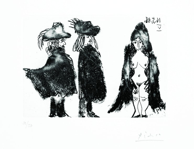 A nude woman with two men