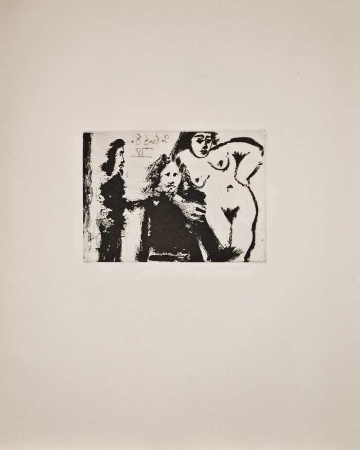 A nude woman with two men