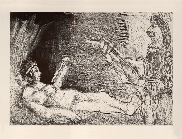 A nude woman and a man with a guitar