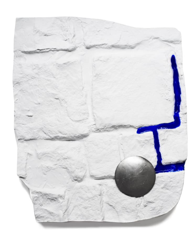 Polis (parapraxis), V, 2016 Plaster, acrylic and antique parisian traffic crossing nails 50 x 41 x 6 cm