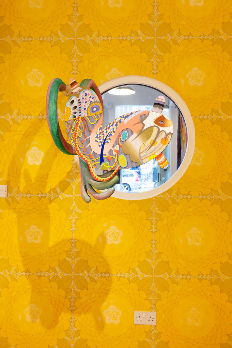 assume vivid astro focus Bona to Vada Your Dolly Bold Eek V, 2022 Acrylic on cardboard, paper clay, metal structure and pigment