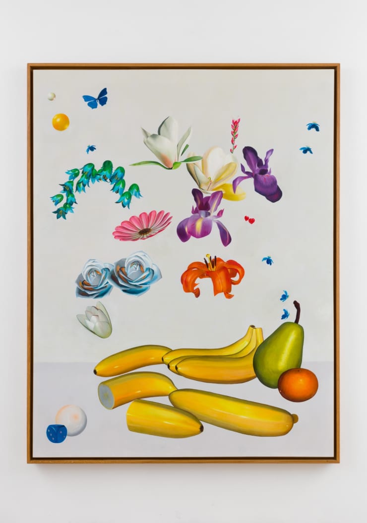 Marius Steiger Still Life (Toys, Fruits, Blossoms, Hearts, Butterfly and Spheres), 2023 Oil on linen