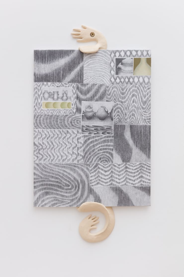 Ayla Tavares the hollow, the sound, 2024 Graphite and oil on canvas paper on burnt clay frame