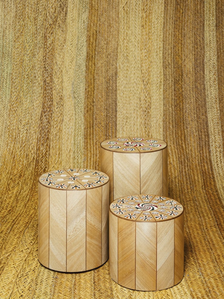 Lucia Echavarria Werregue Side Tables, 2024 Wooden round table with werregue palm inlaid discs
