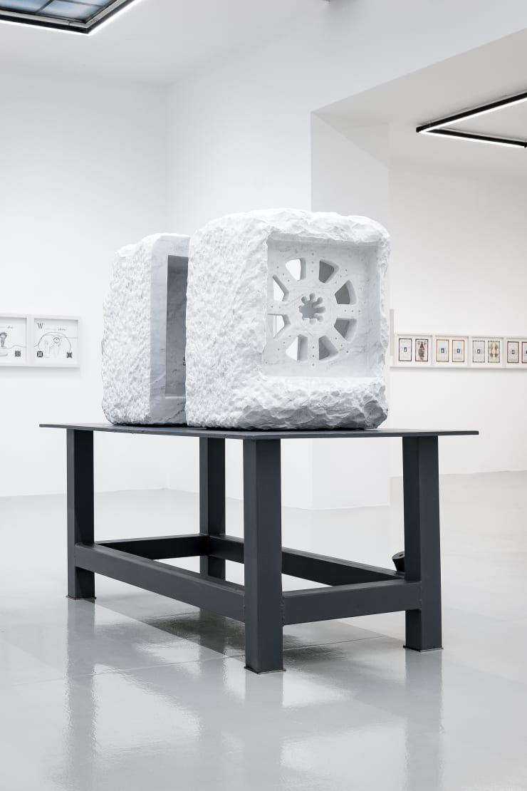 Markus Redl Stein 142-143 (Rechtsfreier Raum), 2015 Bianco Carrara marble on steel table 1,2 t 200 x 170 x 100 cm 78 3/4 x 66 7/8 x 39 3/8 in