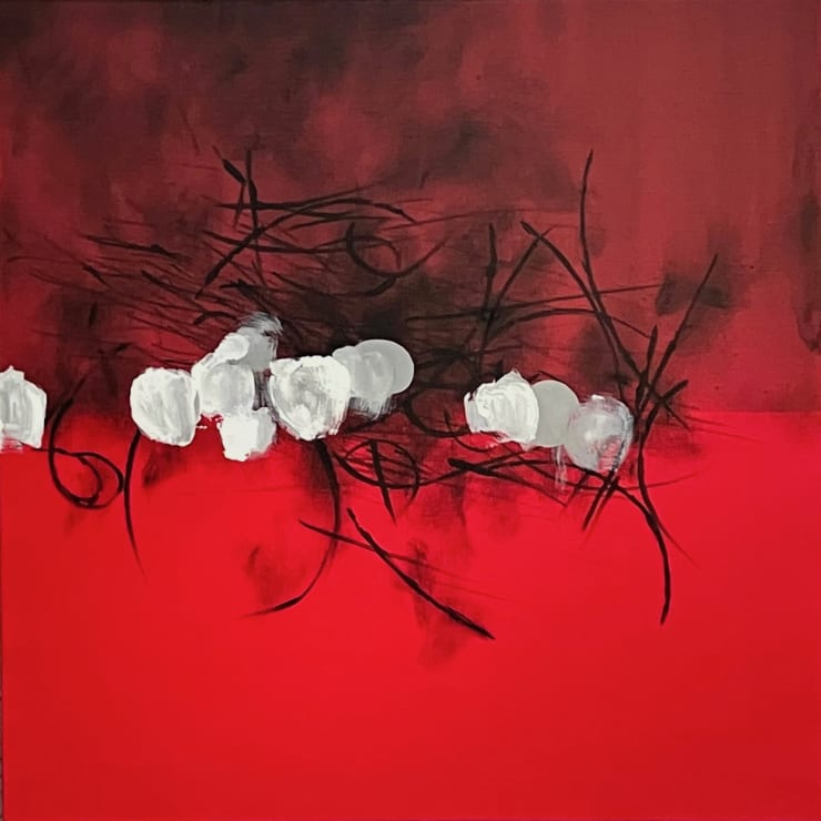 Koji Yamamoto, Another Nature (red), 2023, 100x100cm, inchiostro di china e acrilico su tela.