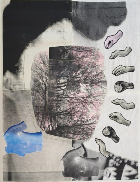 Zohra Opoku, I have arisen from my egg..., 2020-22, Screenprint on linen and vintage linen sack, Courtesy of Mariane Ibrahim