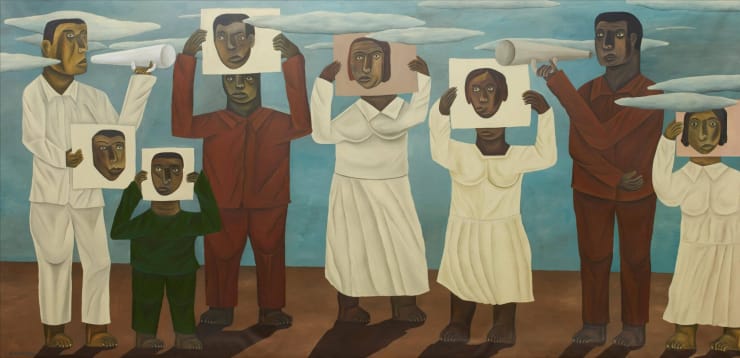 Salah Elmur. Missing and Lost People’s Day. 2021. Acrylic on canvas, 74 3/4″ x 12′ 9 1/2″ (189.9 x 389.9 cm). Contemporary Arts Council of The Museum of Modern Art