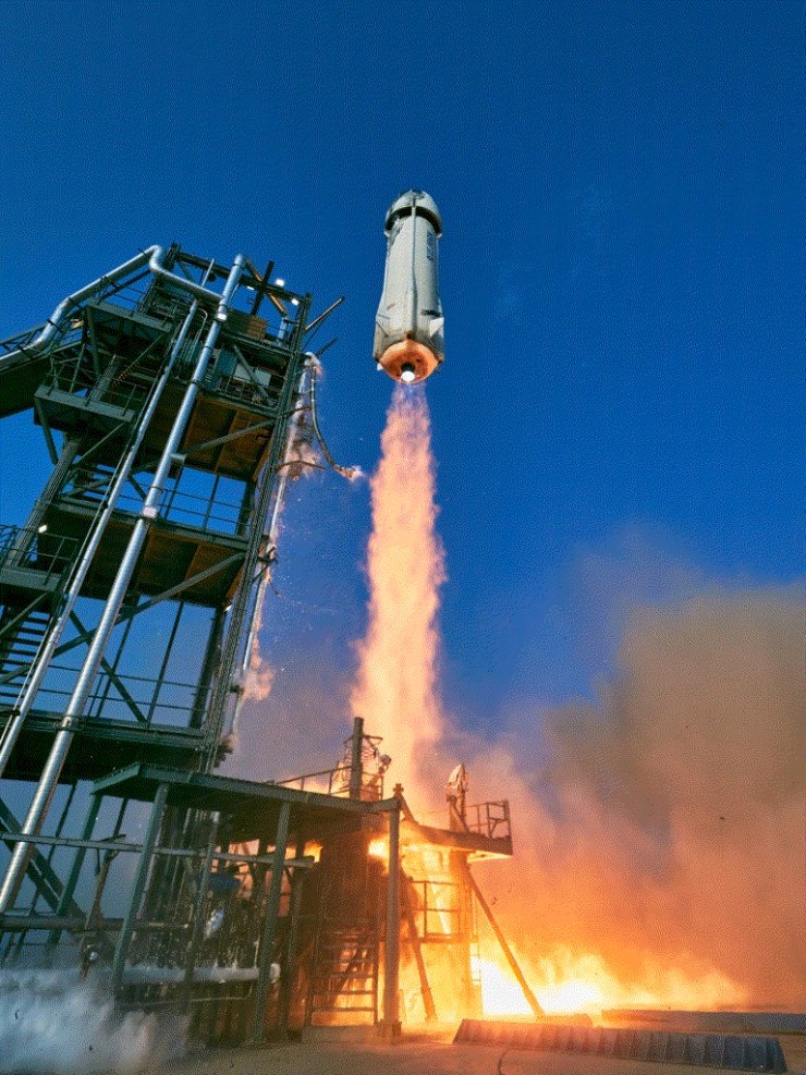 Aerial perspective showing the launch of the New Shepard rocket and of the location the Suborbital Triptych will be painted on the nose of the capsule.
