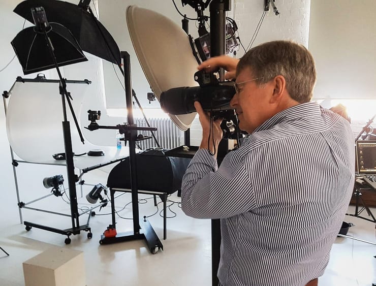 The Hasselblad camera mounted on a studio stand. This allows the camera to be moved both vertically and horizontally without moving the base. It is also a very stable platform because of the weight of the base