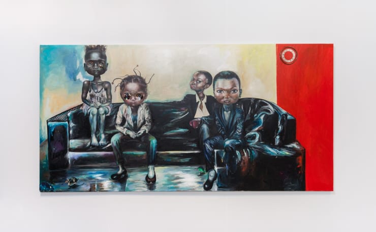 ndidi emefiele loungers, 2016 Acrylic, clock bezel, compact disk, cut-out-printed papers, copper wire, metal plug, textile fabric on canvas 300...