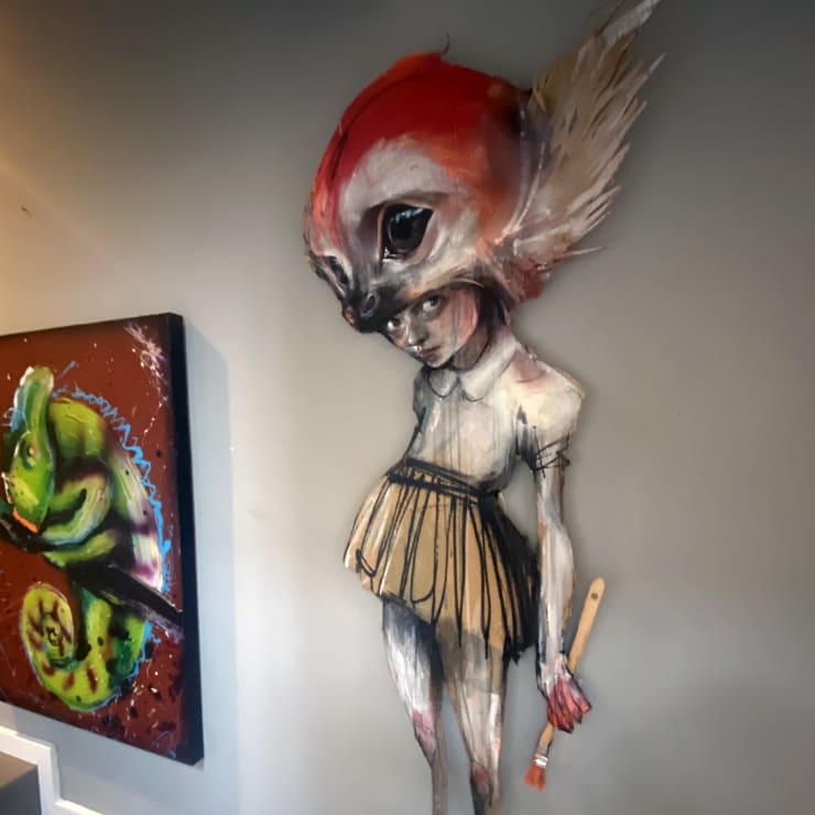 Herakut, StreetArt Monkey Girl, Spray Paint, Acrylic Paint, Charcoal on Cardboard-Collage plus Canvas Elements, 160 x 60 cm (2020). Herakut 's 'Street Art Monkey Girl' has travelled from the artists’ studio in Berlin, to disCONNECT London, to disCONNECT Hong Kong and finally to a private collection in Texas USA @itspatjones