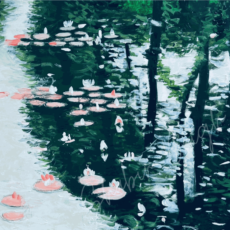 Shabs Beigh, Pink Lilles on the Green (Original Painting)