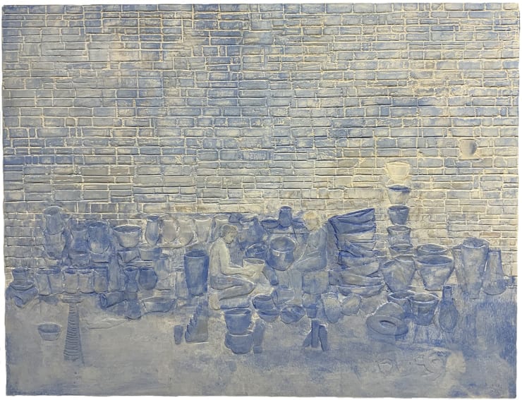 Los Ceramistas, 2022 Mixed media on wood panel 27 x 35 1/2 inches Framed dimensions 29 1/2 x 37 3/4 inches