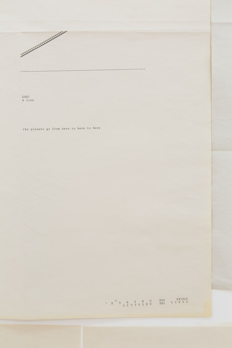 Sue Tompkins The view from the long couch, 2015 Typewritten text on newsprint, 29 sheets dimensions variable