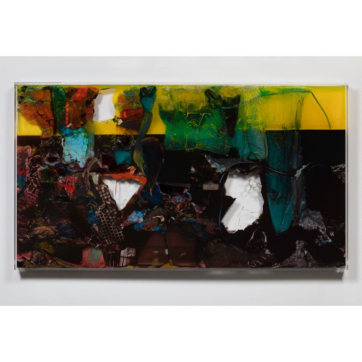 Samara Scott Throgs Neck , 2019 Plexiglass, water, corn oil, pigment, nylon, plastic, ice-cube bags, laundry detergent, foil, electrical cables, mixed media 101 x 180 x 5 cm