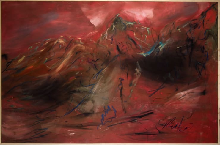 Hashel Al Lamki, Endless Love, 2023, Oil painting, natural pigment, oil pastels ink, on cotton bedsheet, 225 x 150 cm