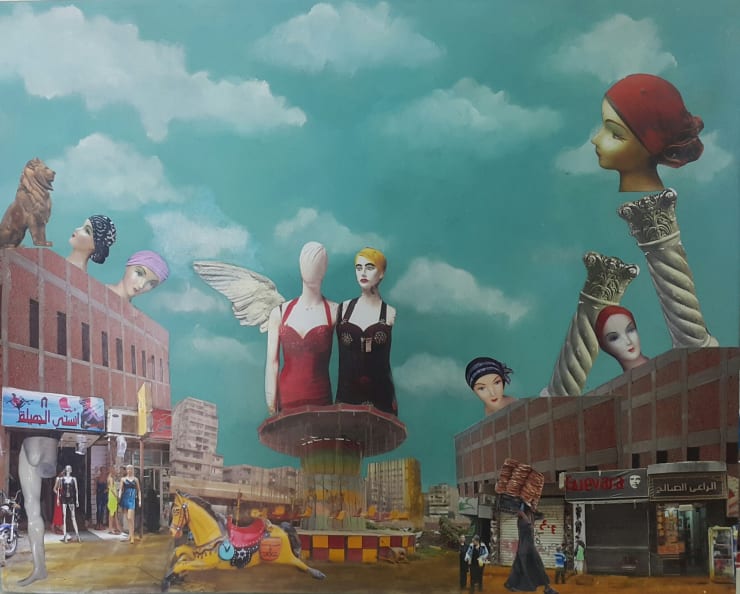 Huda Lutfi, One Arm and One Leg, 2016, Mixed Media: Photographs, Acrylic and Oil Paint on Wood Panel, 40.00 x 50.00 x 2.00 cm.