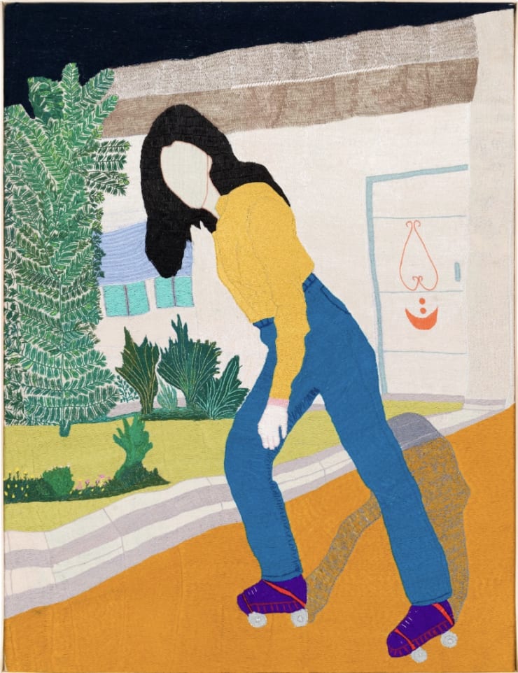 Margaux Derhy, Gloria, femme forteresse, 2024, Embroidery by hand and sewing machine on haïk, 100 x 130 cm