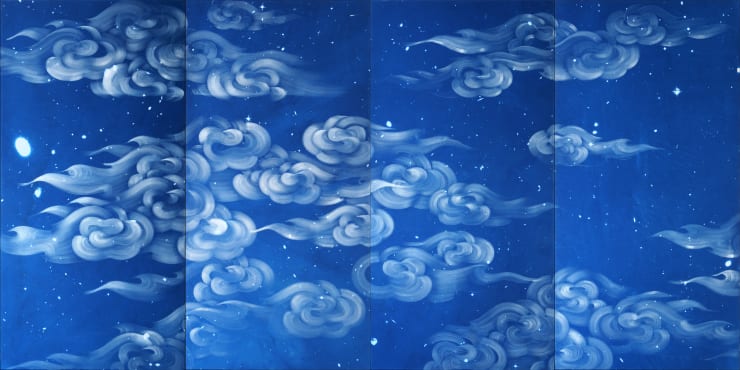 Ala Ebtekar Zenith III, 2023 - 2024 Acrylic and charcoal underdrawing on cyanotype on canvas exposed by sun, moon, and starlight 182.88 x 365.76 x 5.08 cm, Quadriptych