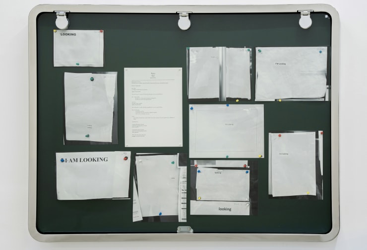 Khalid Jauffer Looking I , 2024 Edited found job seeking advertisements, archival inkjet print, pencil on paper, cork board pins, stainless steel custom notice boards 90 x 120 x 8cm (framed)
