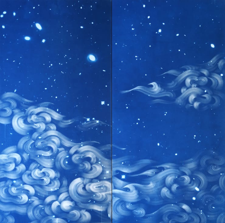 Ala Ebtekar Zenith IV, 2023 - 2024 Acrylic and charcoal underdrawing on cyanotype on canvas exposed by sun, moon, and starlight 182.88 x 182.88 x 5.08 cm, Diptych