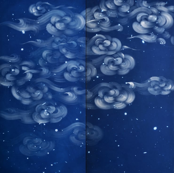 Ala Ebtekar Zenith I, 2023 - 2024 Acrylic and charcoal underdrawing on cyanotype on canvas exposed by sun, moon, and starlight 182.88 x 182.88 x 5.08 cm, Diptych