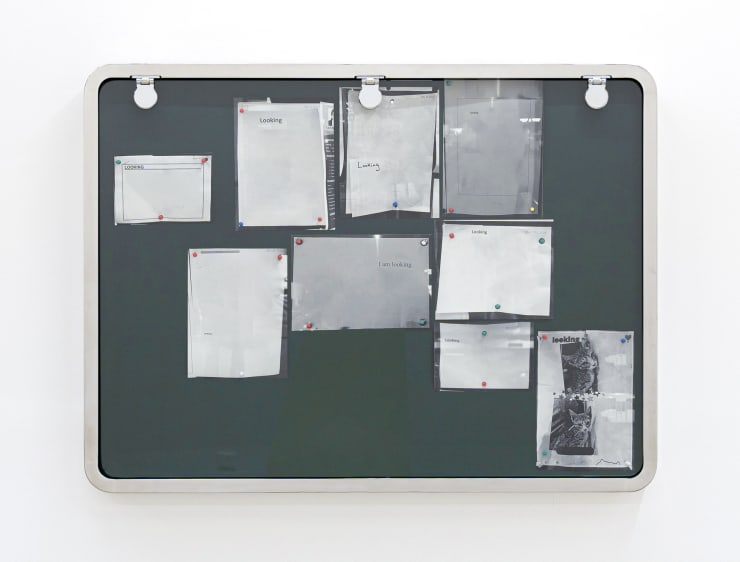 Khalid Jauffer Looking III, 2024 Edited found job seeking advertisements, archival inkjet print, pencil on paper, cork board pins, stainless steel custom notice boards 90 x 120 x 8cm (framed)