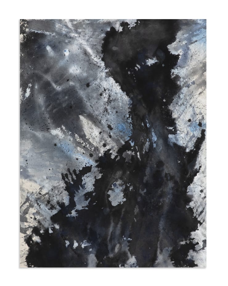 Kamran Samimi Meditations on Rain VII, 2023 Watercolour, Acrylic, indigo pigment, india ink on raw canvas 101.6 x 76.2 cm