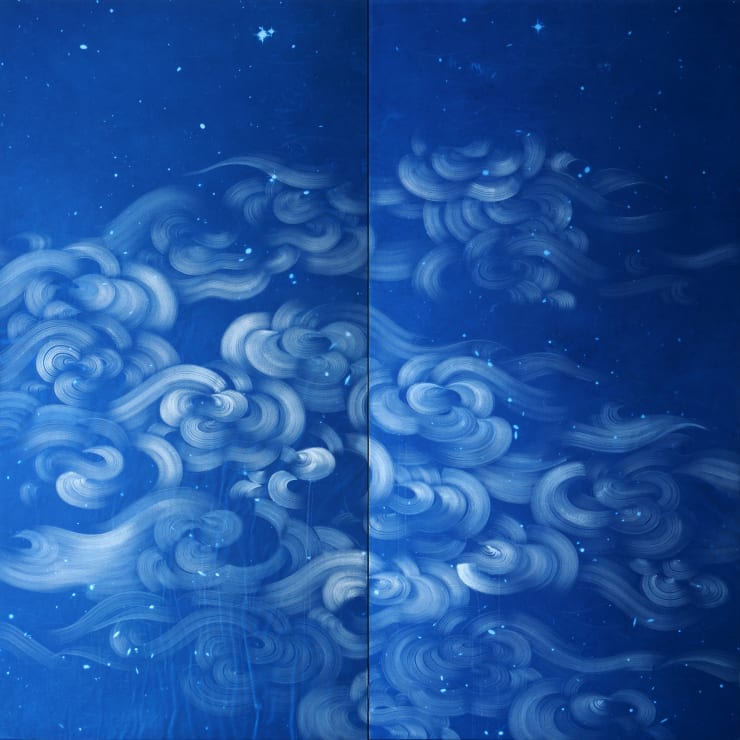 Ala Ebtekar Zenith V, 2023 - 2024 Acrylic and charcoal underdrawing on cyanotype on canvas exposed by sun, moon, and starlight 182.88 x 182.88 x 5.08 cm, Diptych