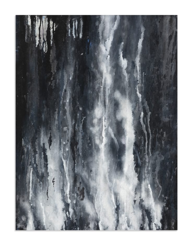 Kamran Samimi Meditations on Rain XII, 2023 Watercolour, Acrylic, indigo pigment, india ink on raw canvas 101.6 x 76.2 cm