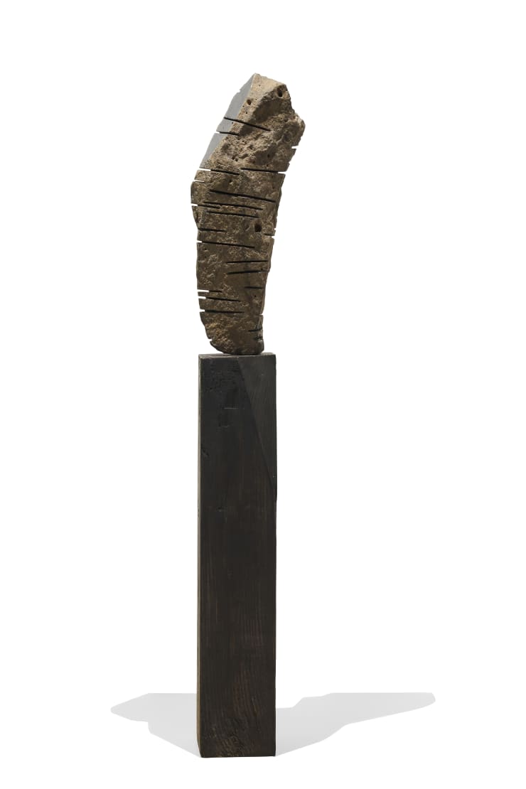 Kamran Samimi Stone Tablet III (Totem), 2023 Basalt, Wood, Sumi Ink 77 x 13 x 10 cm