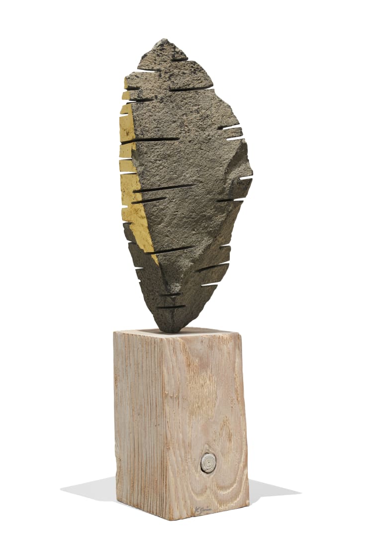 Kamran Samimi Stone Tablet I (Sacred Flame), 2023 Basalt, Gold Leaf, Wood, Ink 40 x 10 x 8 cm