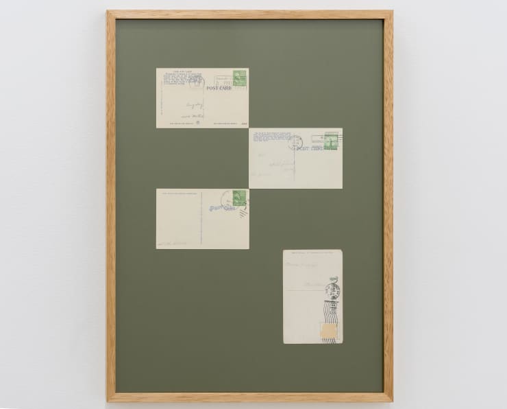 Khalid Jauffer Postcards (Motel), 1910-2024 Pencil written postcards from eBay, stamps, eraser, artist frame 57.5 x cm.42.5 x 3 cm (framed)