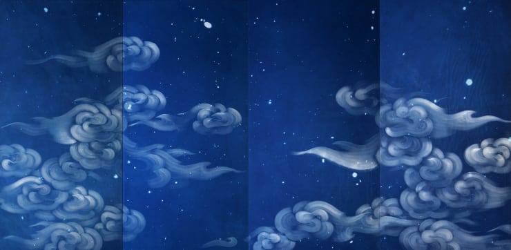 Ala Ebtekar Zenith II, 2023 - 2024 Acrylic and charcoal underdrawing on cyanotype on canvas exposed by sun, moon, and starlight 182.88 x 365.76 x 5.08 cm, Quadriptych