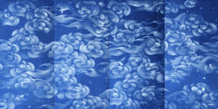 Ala Ebtekar Zenith VI, 2023 - 2024 Acrylic and charcoal underdrawing on cyanotype on canvas exposed by sun, moon, and starlight 182.88 x 365.76 x 5.08 cm, Quadriptych