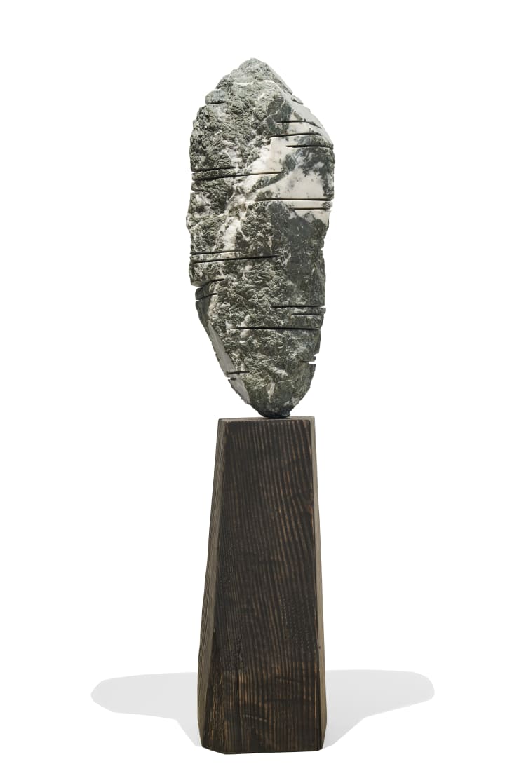 Kamran Samimi Stone Tablet II (Lineage), 2023 Serpentine, Wood, Sumi Ink 66 x 14 x 13 cm