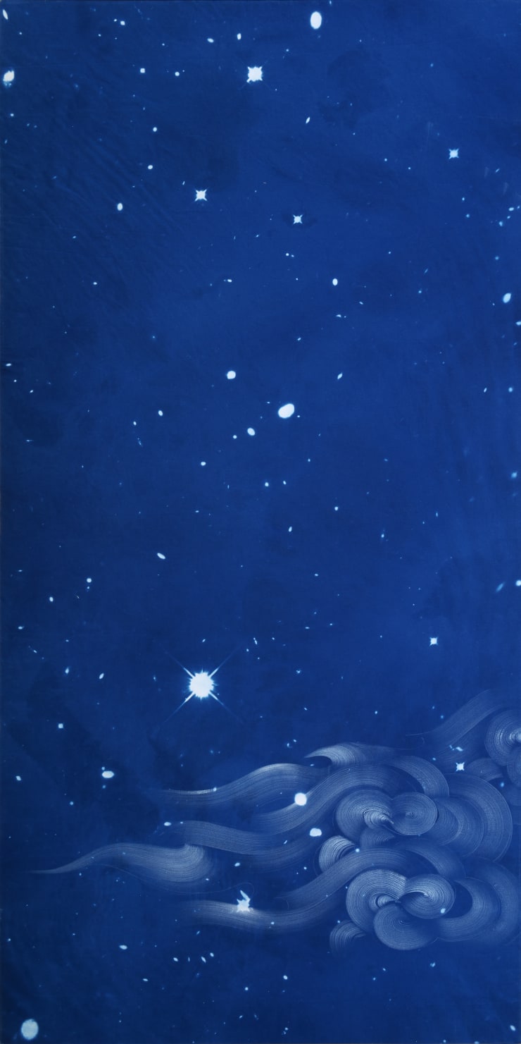 Ala Ebtekar Zenith VII, 2023 - 2024 Acrylic and charcoal underdrawing on cyanotype on canvas exposed by sun, moon, and starlight 182.88 x 91.44 x 5.08 cm