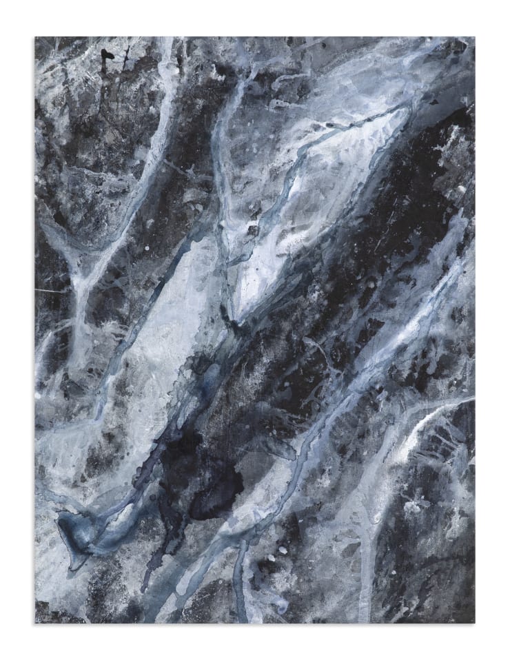Kamran Samimi Meditations on Rain XI, 2023 Watercolour, Acrylic, indigo pigment, india ink on raw canvas 101.6 x 76.2 cm