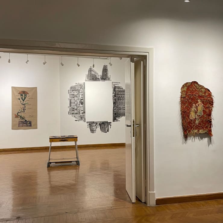 Installation view, Huda Lufti, Cairo: Fabric of the Everyday, 2024, Austrian Cultural Forum.