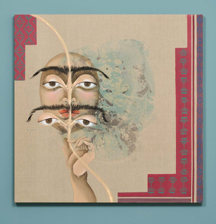 Hayv Kahraman, Look me in the eyes no 4, 2023, oil and acrylic on linen, 37 × 37 inches. Photo by Photo by Glen Cheriton, Impart Photography.